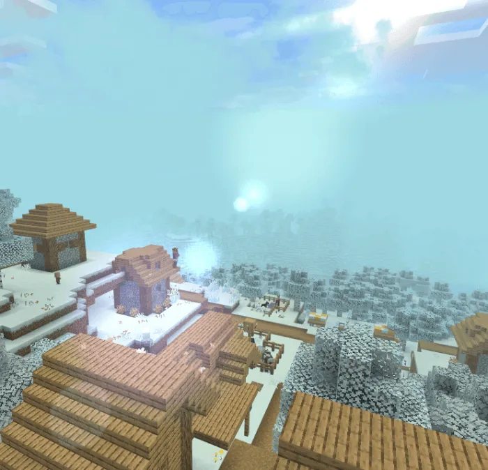 Snowy village with enhanced fog and sunlight