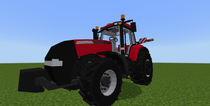 Red tractor in a pixelated style field.
