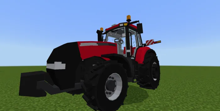 Red tractor in a pixelated style field.