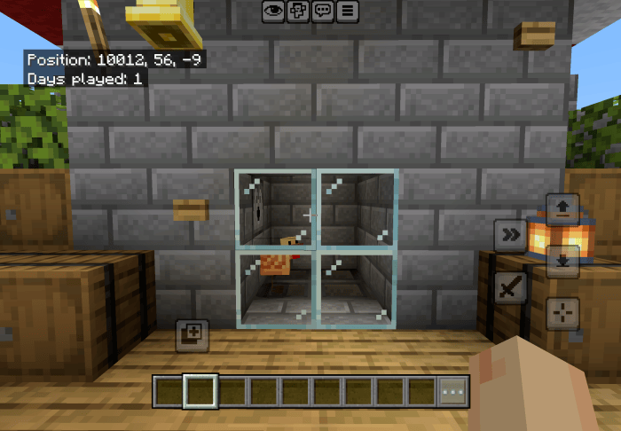 Glass window reveals lava chicken machine.