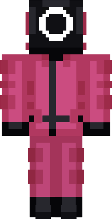 Pixelated guard in pink suit with circle mask