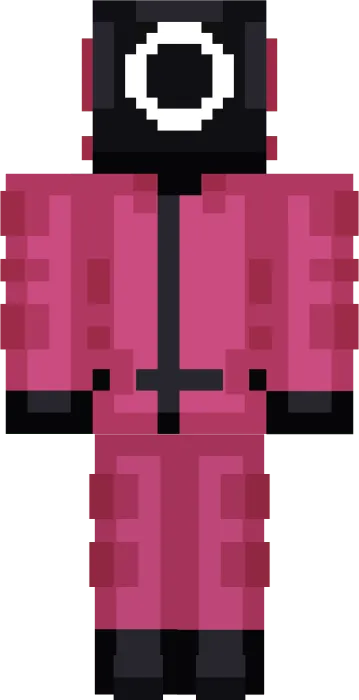 Pixelated guard in pink suit with circle mask