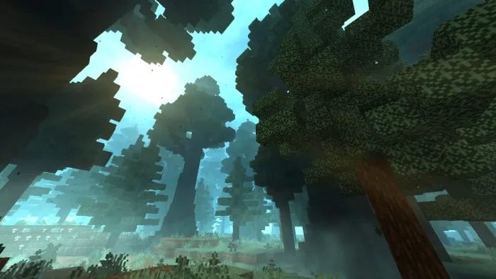 Blocky forest with towering trees.