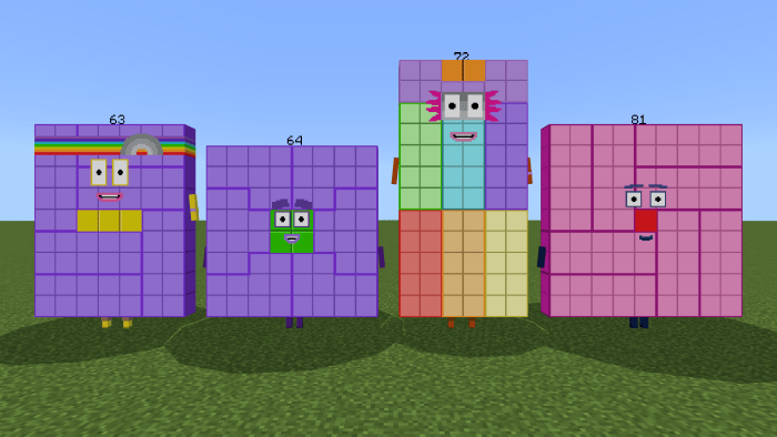 Four colorful Numberblocks characters.