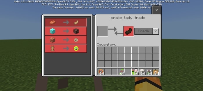 Game screen showing snake lady trade menu