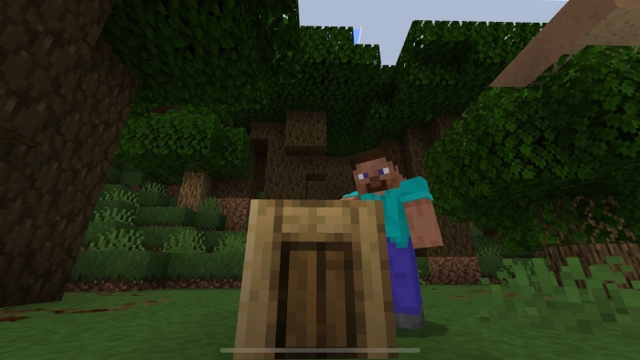 Blocky character with wooden barrel outdoors