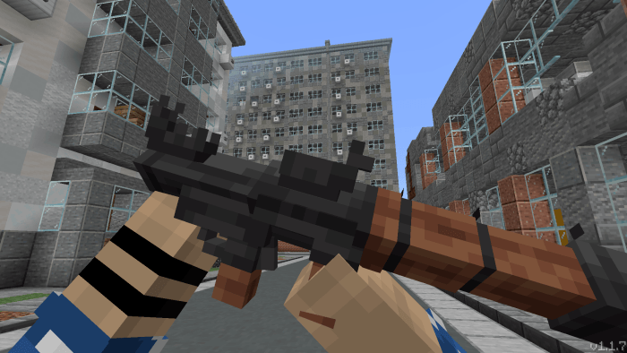 Blocky character holding a rifle in city street