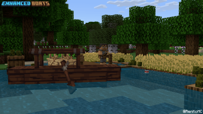 Boat with fishing scene in a forest.