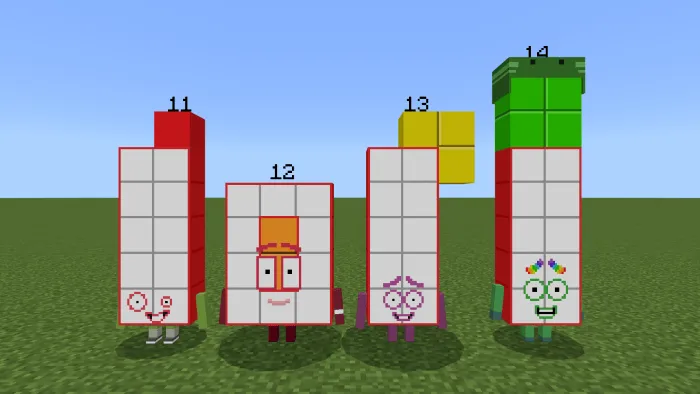 Four Numberblocks characters standing on grass