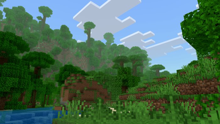 Soft fog rolling over a lush blocky jungle