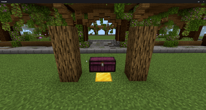 Purple chest on gold block between logs