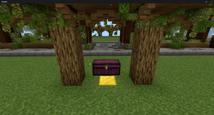 Purple chest on gold block between logs