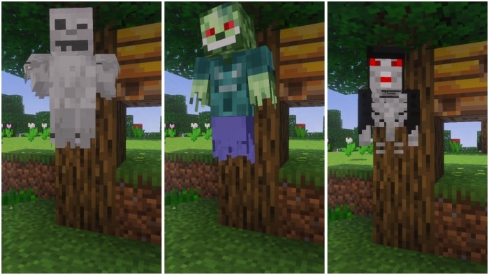 1. Ghostly skeleton mob floats by a tree 2. Green zombie mob with red eyes stands 3. Phantom-like undead mob with red eyes