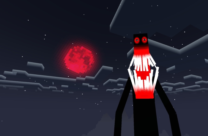 Tall, eerie figure under a red moon.