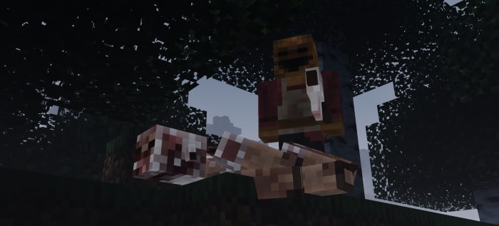 Masked figure and creature in dark forest