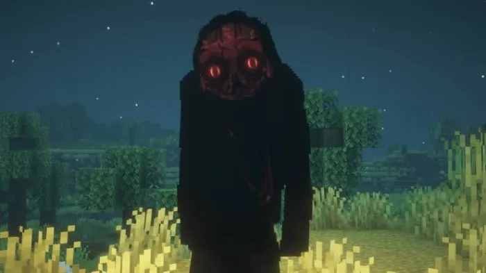 ALT Dark creature with glowing red eyes at night