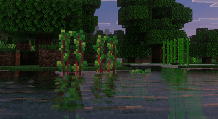Pixelated foliage near a tranquil pond.
