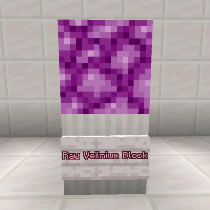 Block of raw purple Veilnium ore on display