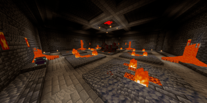 Dungeon room with lava and stone paths.