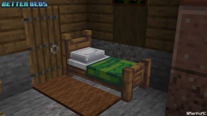 3D wooden bed with green blanket.