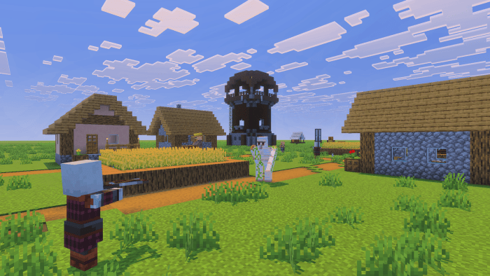 Screenshot showing an instant Plains Village and an instant Pillager Outpost.