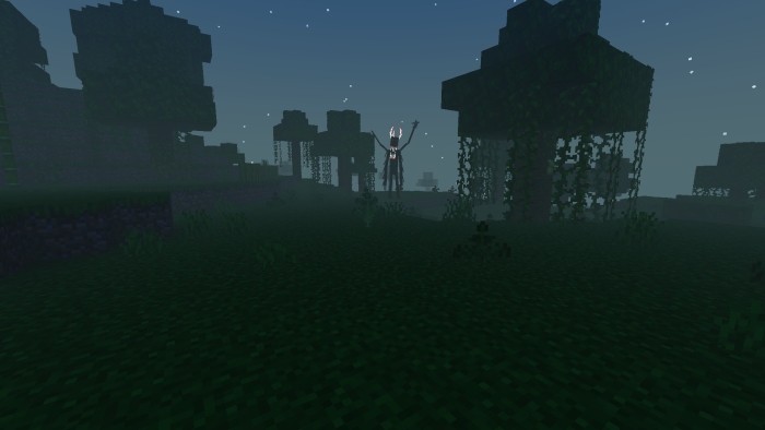 Dark forest with eerie creature.