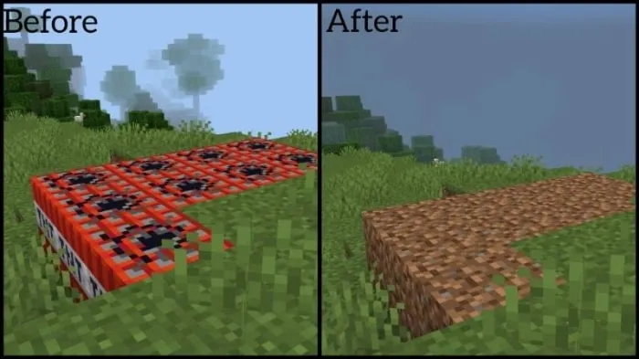 Before Exposed TNT blocks in grass After Hidden TNT disguised as dirt