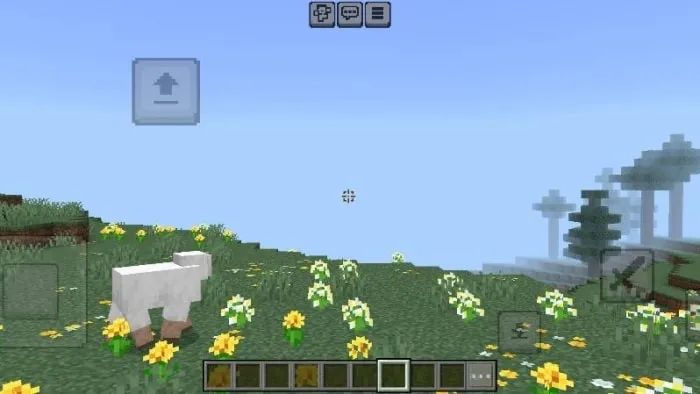 Small crosshair over field with sheep and flowers