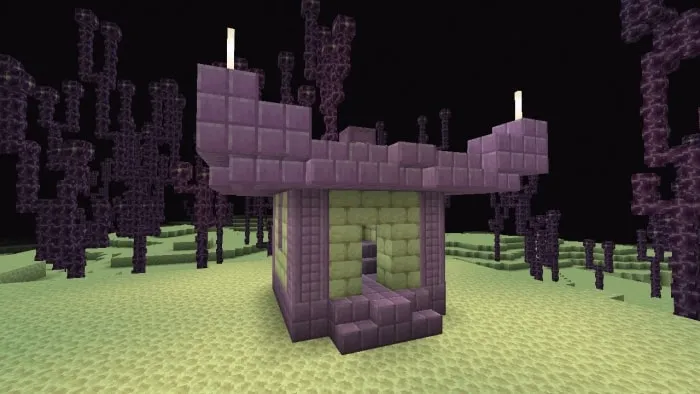 Purple ruin structure in a barren landscape.