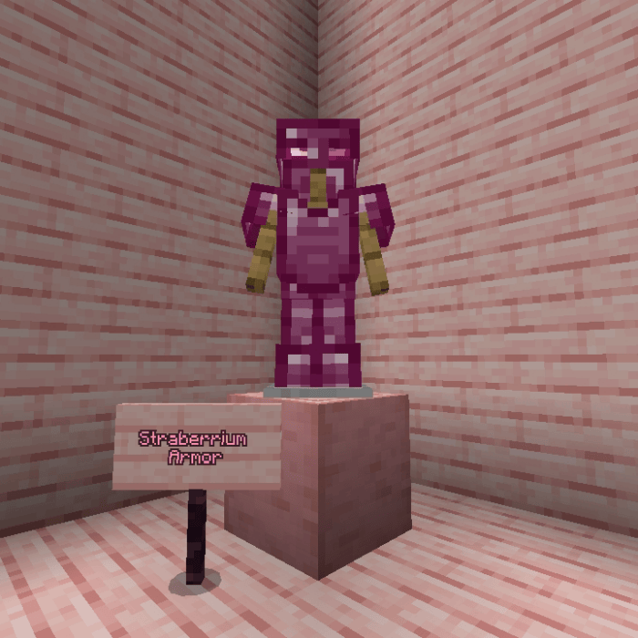 Straberrium armor display on pedestal.