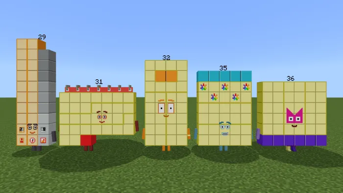 Five Numberblock characters standing.