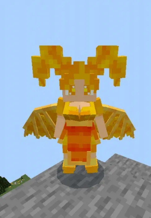 Pixelated character with golden wings.