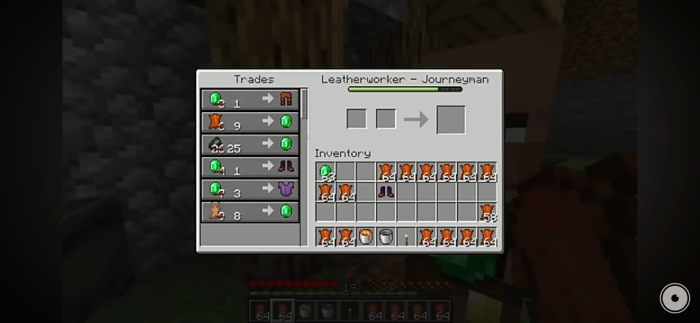 Villager trading interface displayed.