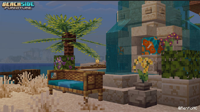Tropical sofa and fountain by the beach