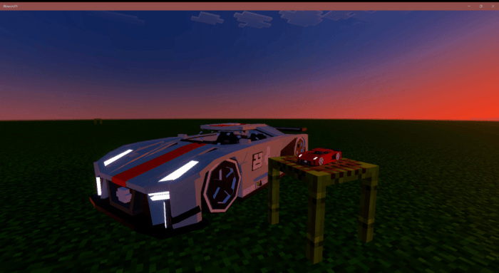 Pixelated car with sunset backdrop.
