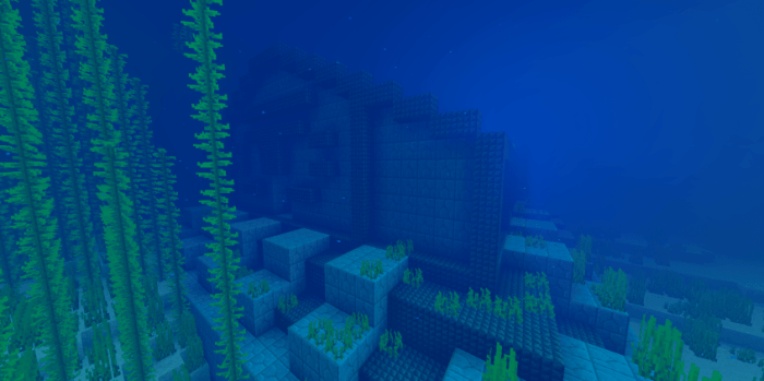 Underwater temple with seaweed.