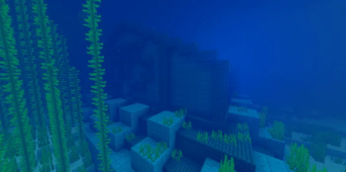 Underwater temple with seaweed.