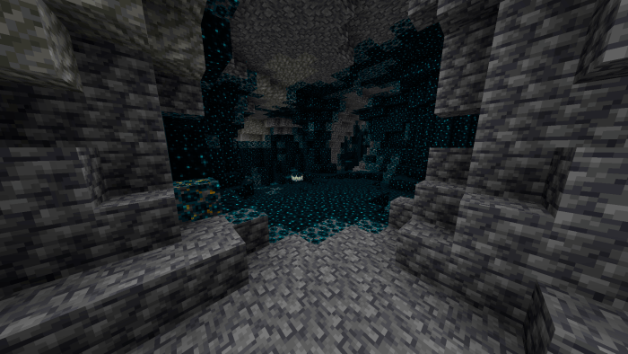 Brightly lit cave with glowing blocks.