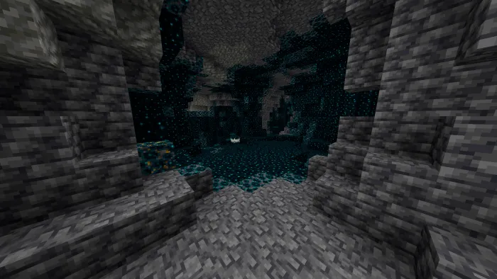 Brightly lit cave with glowing blocks.