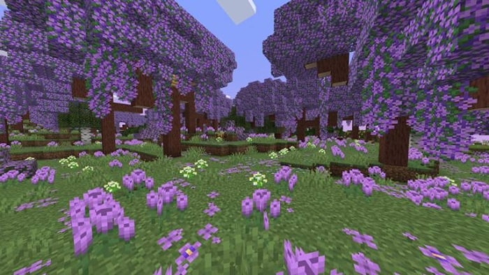 Purple forest biome with vibrant flowers.