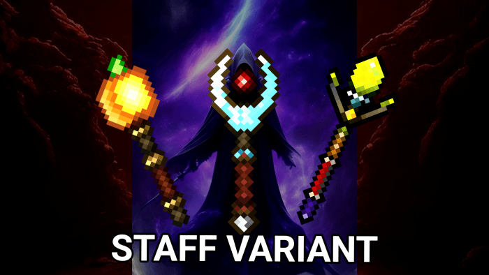 Three magical staves with cosmic background.