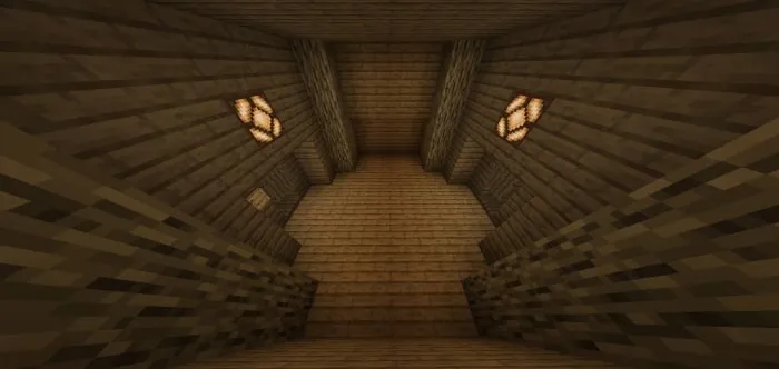 Wooden bunker hallway with ceiling lights