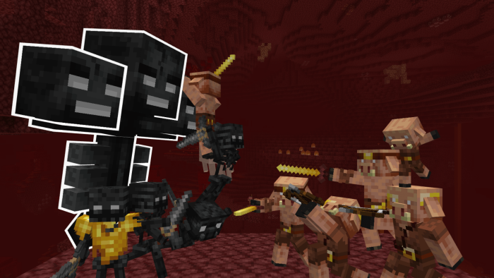 Wither boss and piglins in the Nether.