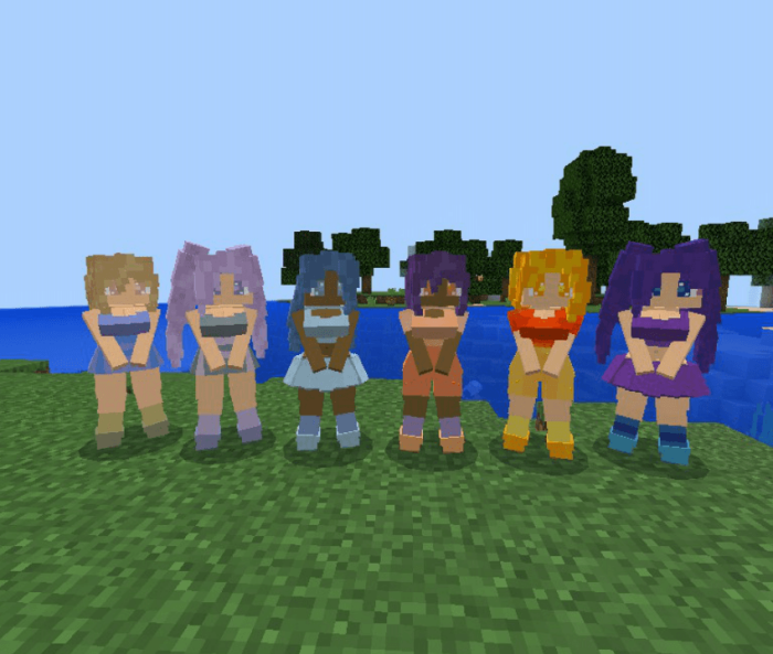 Colorful mermaid characters in a row.