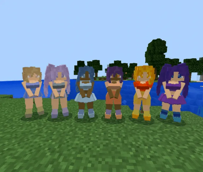 Colorful mermaid characters in a row.