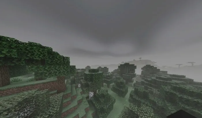 Foggy forest with dark, eerie ambience.