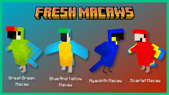 Four colorful blocky macaws in a row