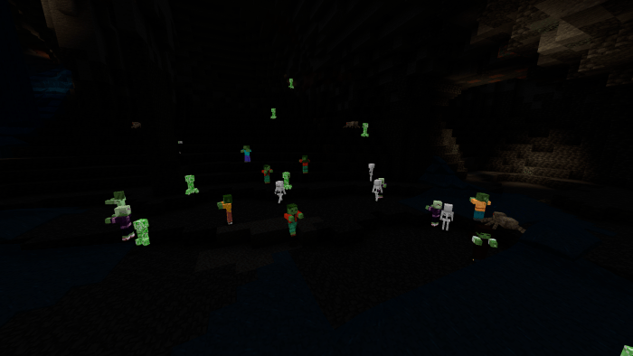 Glowing mobs visible in a dark cave