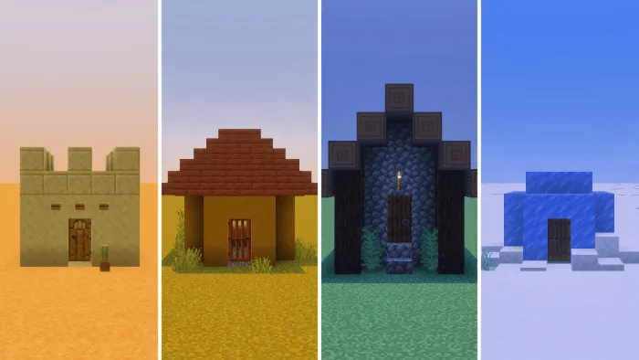 Screenshot showing small houses from Desert, Savanna, Taiga, and Snowy Villages.