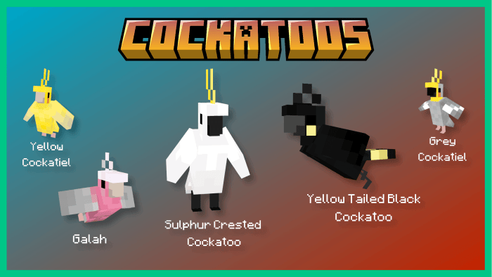 Five blocky cockatoo species in-game